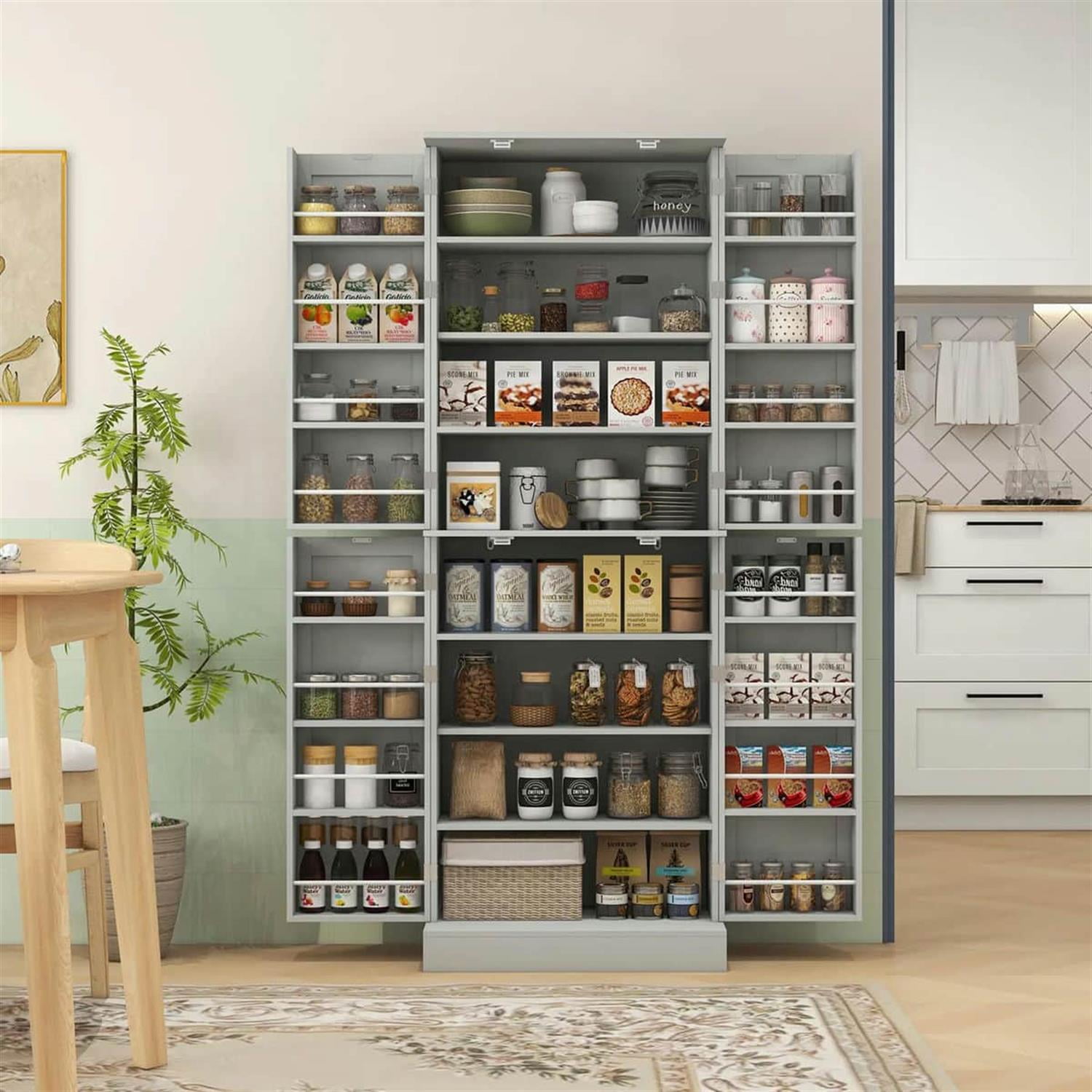 Demi Bonn 65" Kitchen Pantry Cabinet, 4-Door Storage with 16 Shelves for Dining Room, Space-Saving Kitchen Organization, Gray