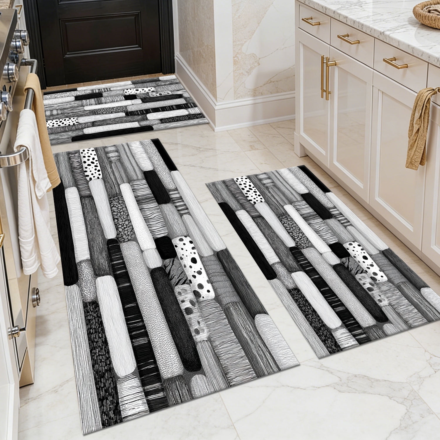 3 Piece Kitchen Rug Set, Non-Slip And Washable, Abstract Pattern Kitchen Hallway Rug, Soft And Comfortable, Suitable For Sinks, Floors, Entrances, Hallways and Bathrooms