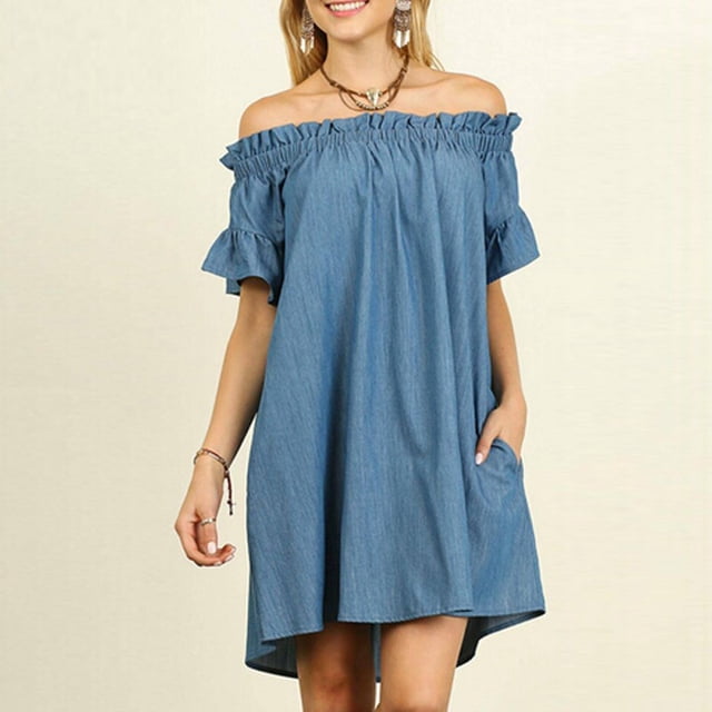 SMihono Robe d'Été Grande Taille pour Femmes 2023 Robe d'Été Grande Taille Robe Ample à Épaules Dénudées Chemise Hauts Robe
