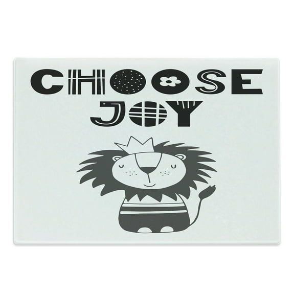 Lion Cutting Board, Hand Drawn King of Jungle with an Uplifting Words Monochrome Illustration, Decorative Tempered Glass Cutting and Serving Board, Large Size, Black Grey and White, by Ambesonne