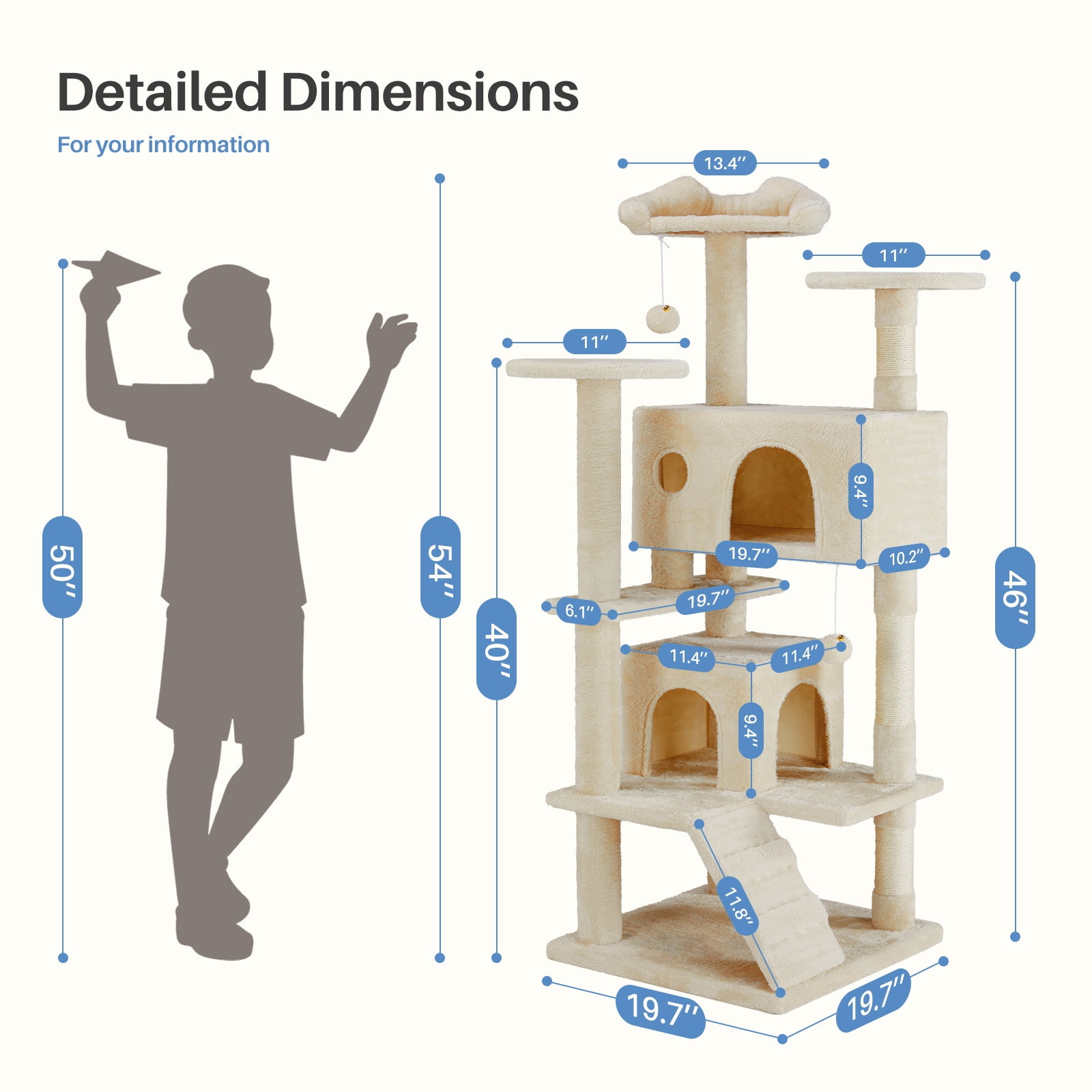 Cat Tree, 54-Inch Multi-Level Cat Tower with Scratching Post, Plush Cat Condo, Light Cream