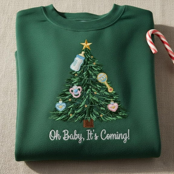 Oh Baby It's Coming Embroidered Sweatshirt, Christmas Pregnancy Announcement Shirt, Baby Reveal Holiday Crewneck