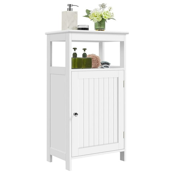 4-Tier Bathroom Floor Cabinet, Multifunctional Free Standing Storage Organizer with Single Door and Adjustable Shelf, Narrow Cabinet for Small Space, 18'' L x 12'' W x 33'' H, White