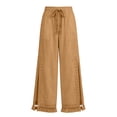 thumbnail image 5 of WULMLEO Womens Wide Leg Linen Pants Summer Boho Flowy Elastic Waist Trousers Baggy Side Slit Fringed Hem Bottoms with Pockets Khaki S, 5 of 5