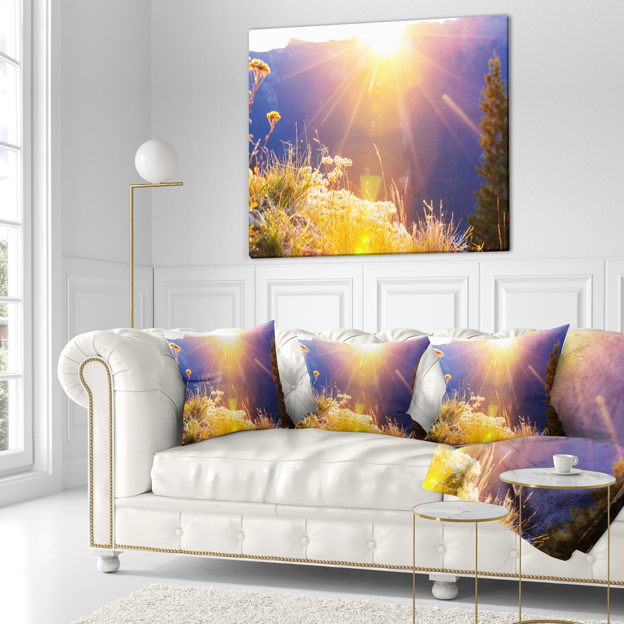 Designart Rural Meadow Flowers At Sunset - Landscape Printed Throw Pillow - 18x18