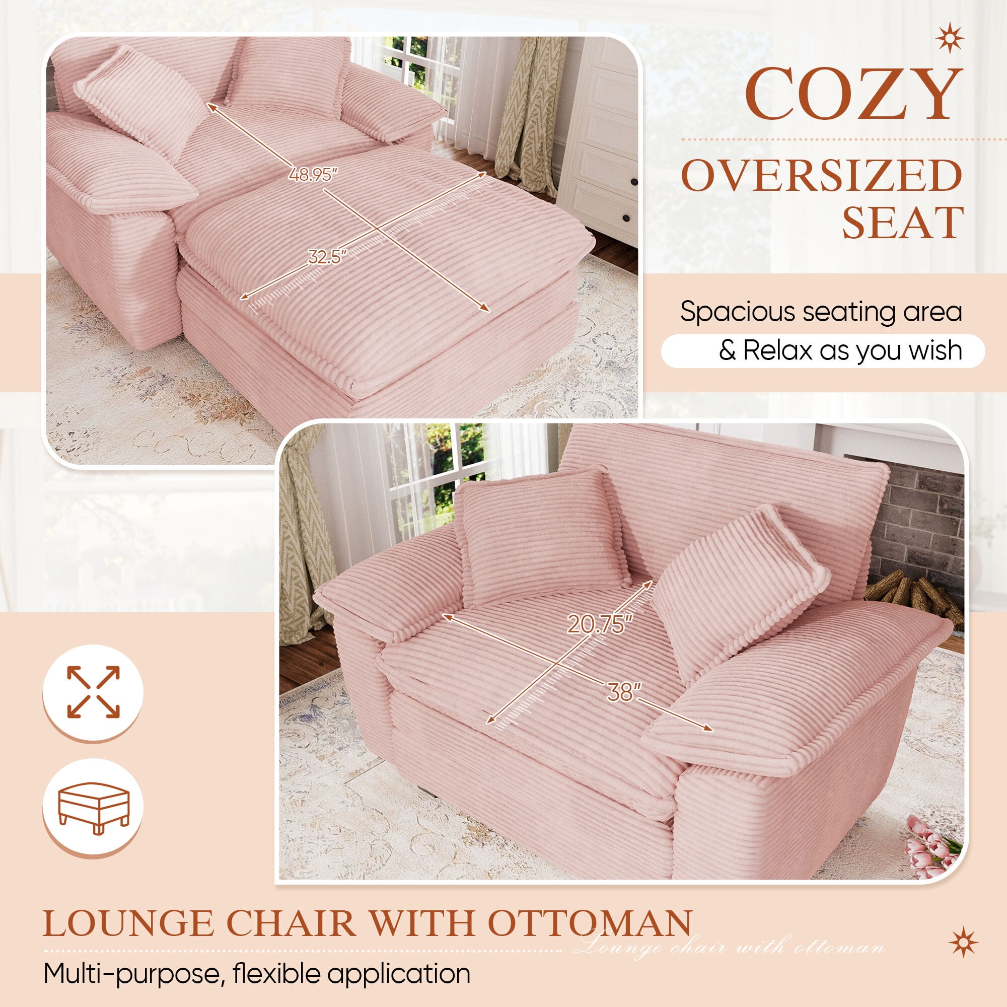 Muumblus Oversized Accent Chair with Ottoman, 48" Indoor Chaise Lounge Cloud Sofa Reading Armchair for Modern Living Room, Bedroom, Pink Corduroy
