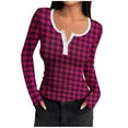 thumbnail image 1 of ShomPort Knitted Ribbed T-Shirt for Womens Long Sleeve Plaid Pattern Round Neck Button Slim Tops Trendy Lightweight Tees Blouses, 1 of 6