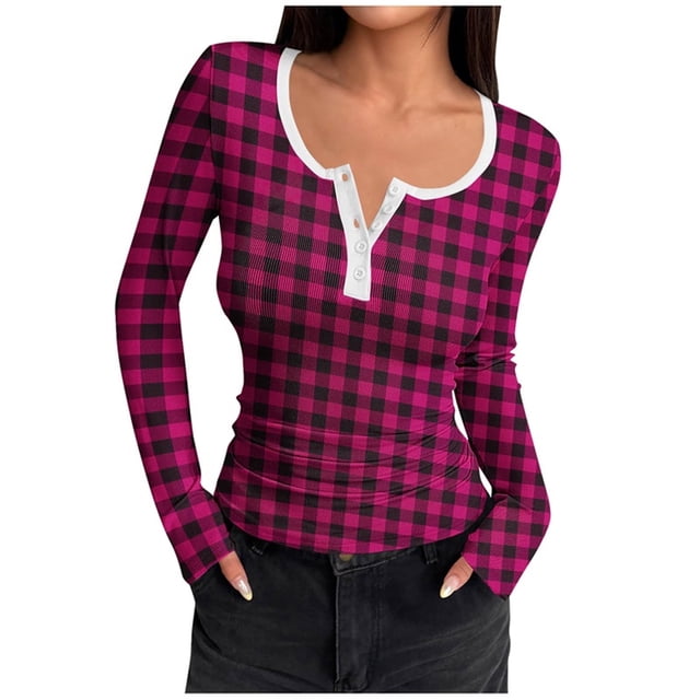 ShomPort Knitted Ribbed T-Shirt for Womens Long Sleeve Plaid Pattern Round Neck Button Slim Tops Trendy Lightweight Tees Blouses