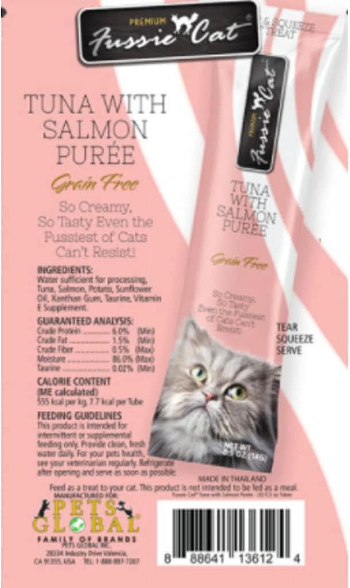 Fussie Cat Puree Lickable Cat Treats: 1 Tuna with Salmon, 1 Tuna with Ocean Fish & 1 Tuna with Shrimp (3 Four-Tube Packs, 12 Tubes Total, 0.5 Oz per Tube)