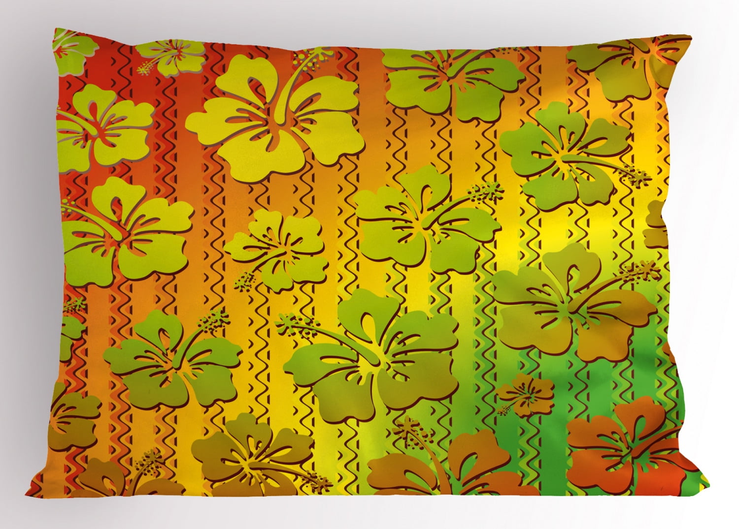 Rasta Pillow Sham Hibiscus Exotic Jamaican Island Flower with Zig Zag Lines Print, Decorative