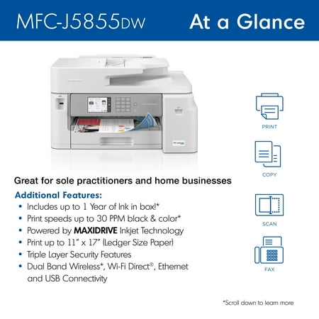 Brother - MFC-J5855DW INKvestment Tank All-in-One Inkjet Printer with up to 1-Year of Ink In-box - White/Gray