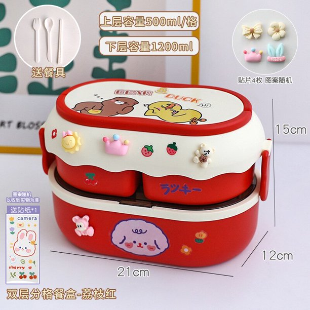 Fiambrera Kawaii de 1350ML para niñas, contenedor de almacenamiento de alimentos portátil para microondas, a prueba de fugas, caja Bento dividida de 2 capas, cuchara y tenedor xuanjing unisex