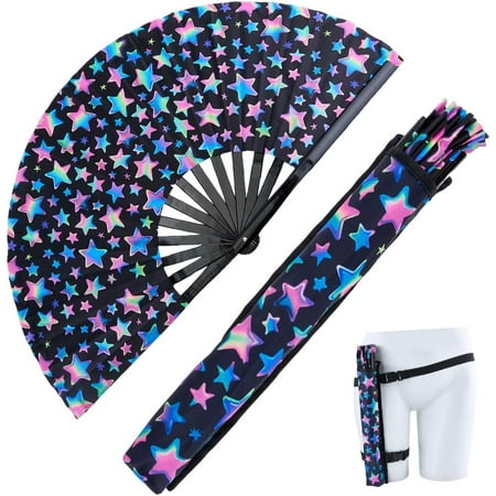 12.6 In Large Rave Fan UV Folding Glow Adjustable Bamboo Hand Fan with Bags Belt for Men Women Summer Line Dance Parties Music Festivals Club(Star)