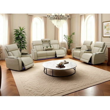 Golden Furniture 3-Piece Beige Breathing Leather Power Reclining Living Room Sofa Set