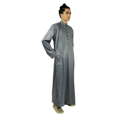 Long Sleeve Fitted Men's Formal Gray Thobe Polished Cotton Arab Robe