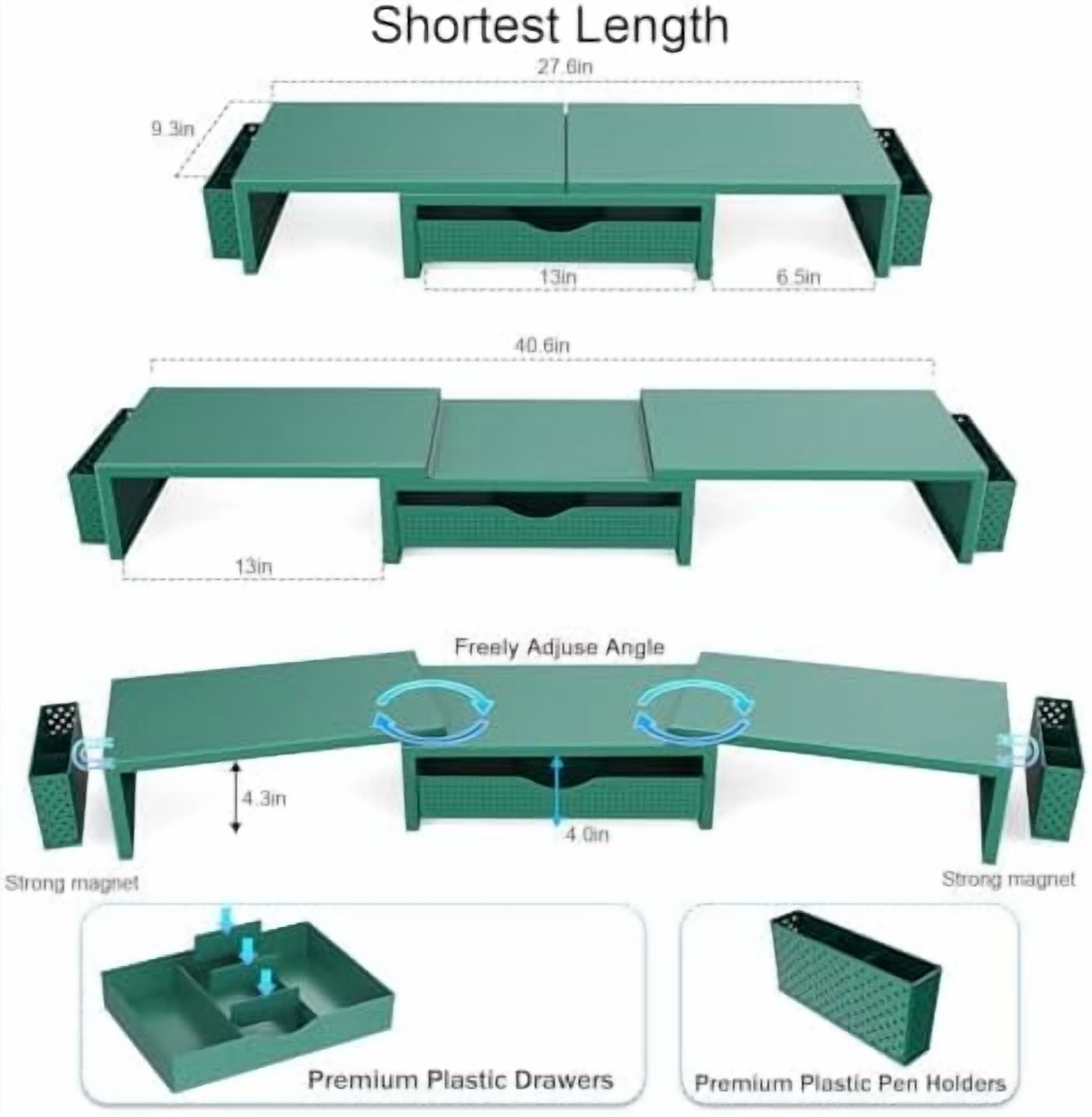 Dual Monitor Stand Riser, Desk Organizer With Drawer and 2 Pen Holders, Monitor Stand for Desk, Office Decor Essentials (Green)