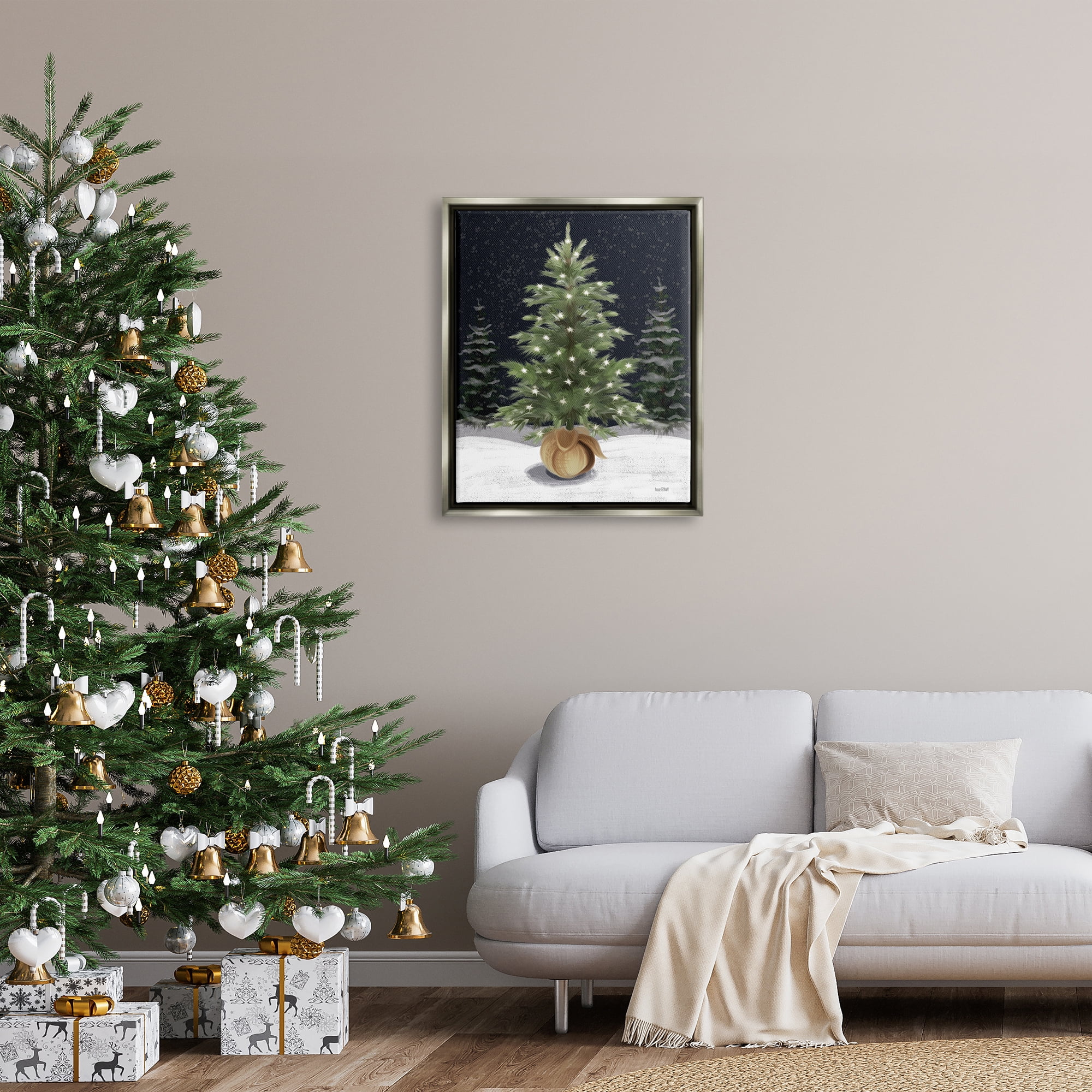 Stupell Industries Christmas Tree Snow Scene Holiday Painting Gray Floater Framed Canvas Art Print Wall Art, 25 x 31