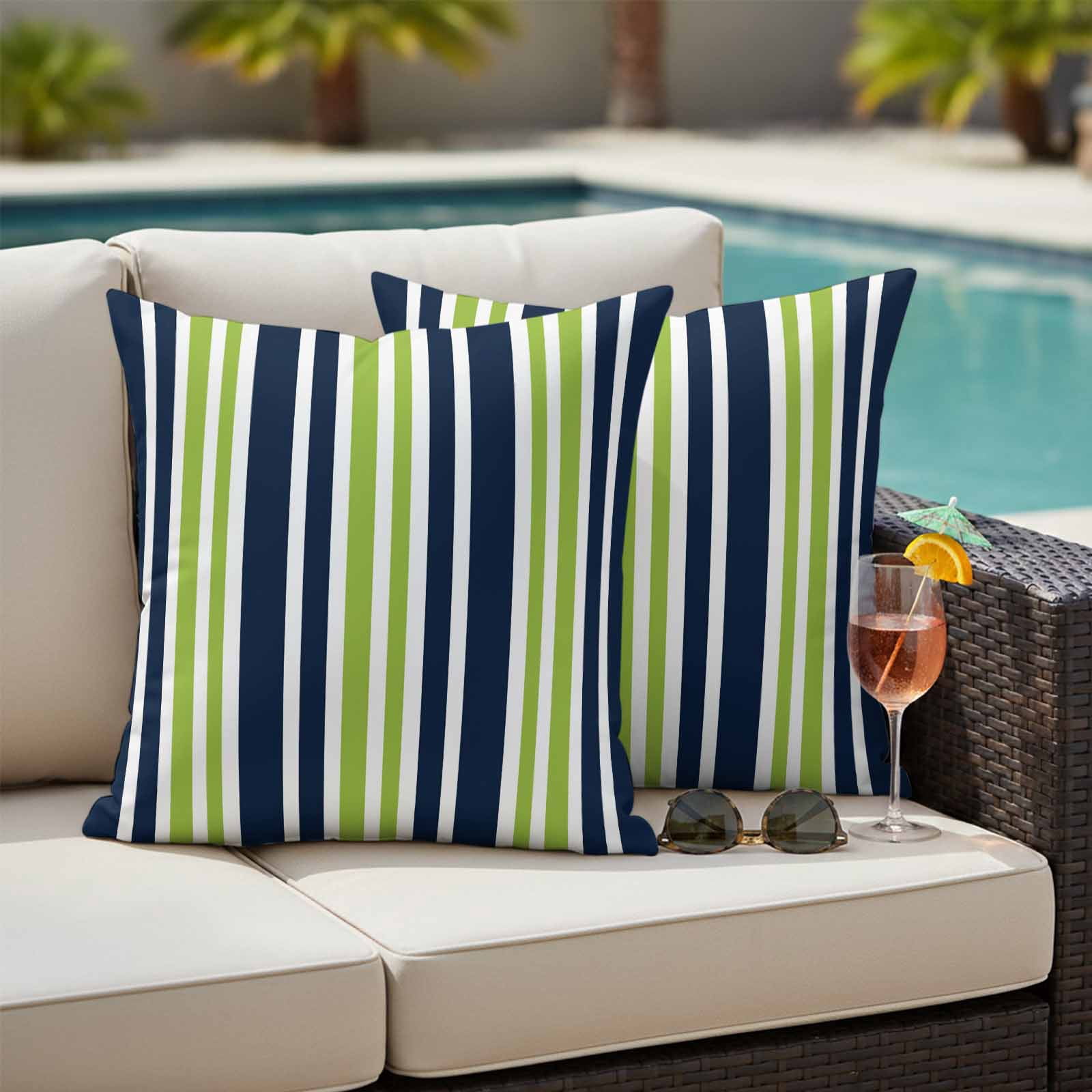 Navy Blue Green Striped Outdoor Waterproof Pillow Covers, Modern Minimalist Ombre Lines Decorative Square Throw Pillowcase Sofa Cushion Sham for Patio/Couch/Chair, 18"x18" 2 Pack
