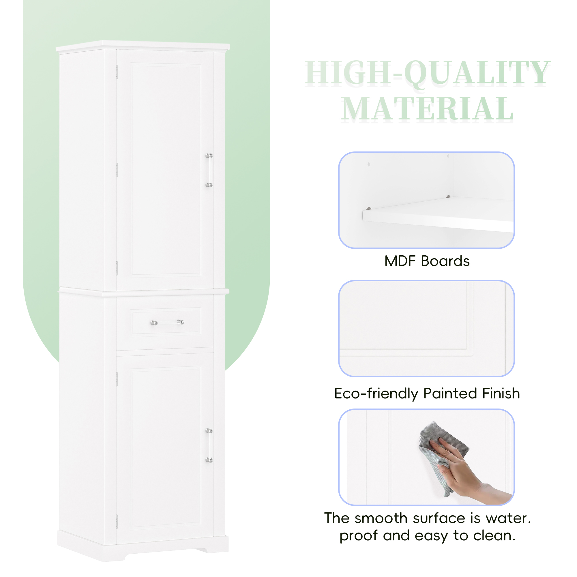 Euroco Tall Storage Cabinet with Adjustable Shelves, Drawers and Anti-Tip Kit, Acrylic Handles, Waterproof MDF