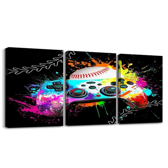 Erosebridal Graffiti Gamepad Paintings Wall Decor Framed, Baseball Print Wall Hanging Decor Bedroom, Gamer Gaming Wall Decorations for Living Room, Luxurious Bedroom Decor