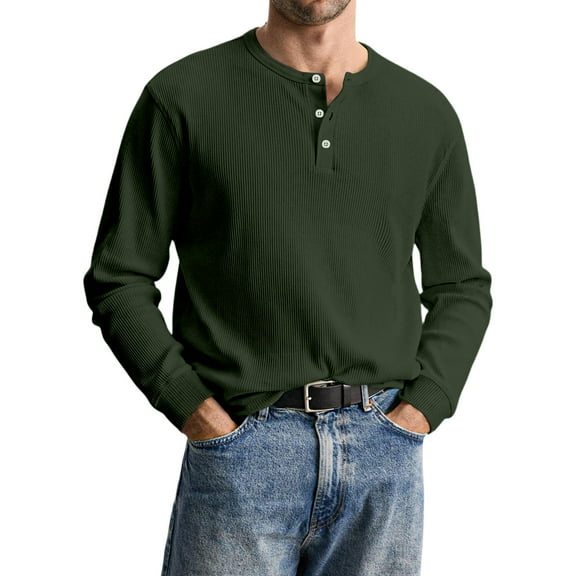 QHRMKOG Henley Shirts for Men Long Sleeve Modern Fit Thermal Basic Color Shirt Casual T-Shirts Fashion Pullover Top Green 3XL
