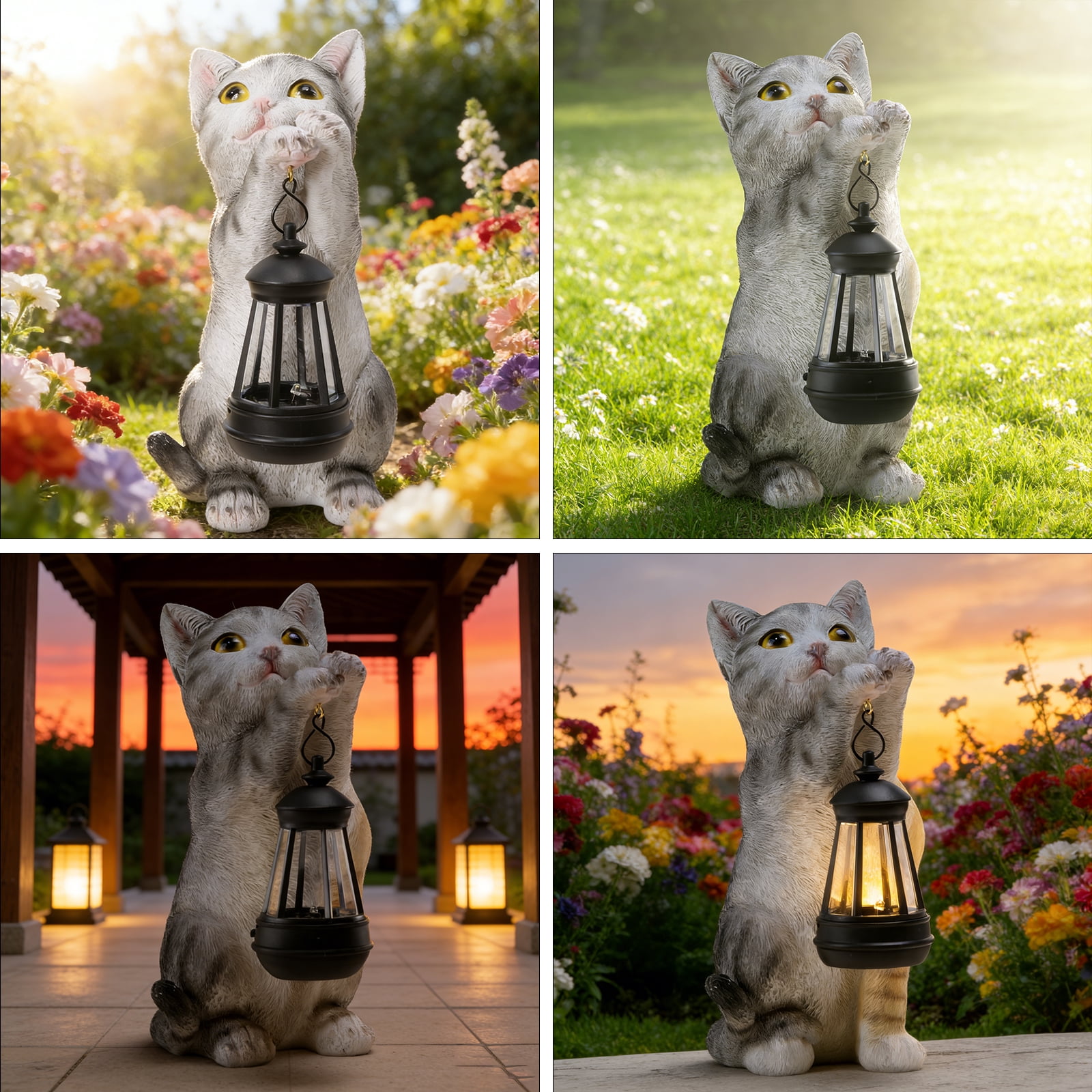 10 Inch Cat Garden Statue with Solar Lantern,Solar Statue,Resin Decor for Patio, Lawn & Outdoor Spaces