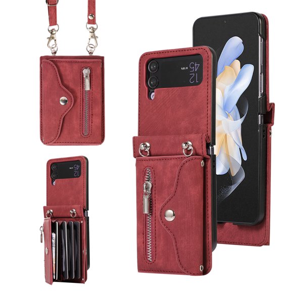 Jiahe Cover for Samsung Galaxy Z Flip 3, Wallet Case Crossbaody, with RFID Blocking Shockproof Zipper Purse with Card Slots Holder Adjustable Detachable Shoulder Strap Lanyard Case Cover, red