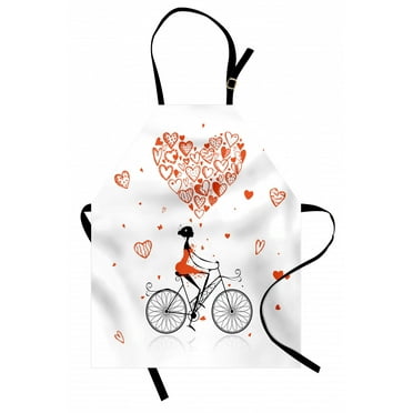 Valentines Apron Girl Cycling with Big Heart Woman Love Romantic Day Celebration Life Print, Unisex Kitchen Bib Apron with Adjustable Neck for Cooking Baking Gardening, Red Black White, by Ambesonne