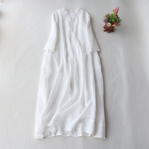 Puntoco Vestido Retro De Algodón Y Lino Con Cuello Redondo De Doble Capa Con Cordones En La Cintura, Vestido De Vacaciones De Viaje, Vestido De Manga Corta Con Cuello Redondo, Blanco L