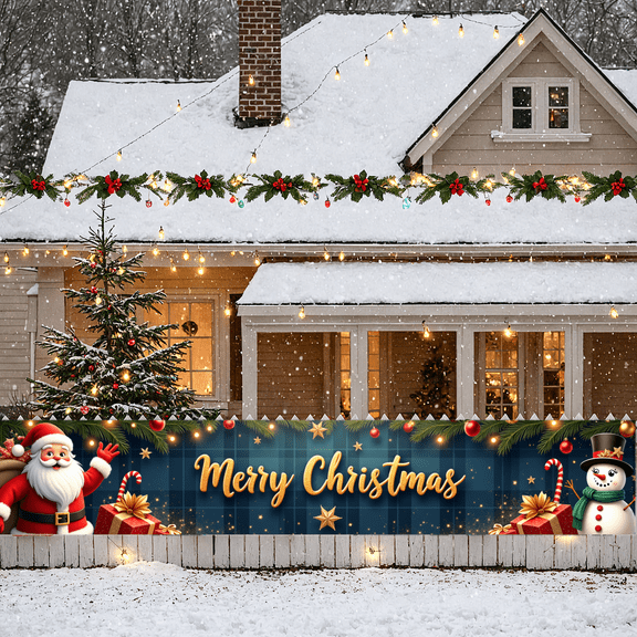 Plaid Pattern Holiday Banner Decorative Snowflakes Christmas Trees Merry for Winter Decoration Festive Event Home Party