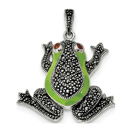 - Leslies Fine Jewelry Designer 925 Sterling Silver Marcasite w/Garnet & Green Epoxy Frog (30x26mm) Pendant Gift