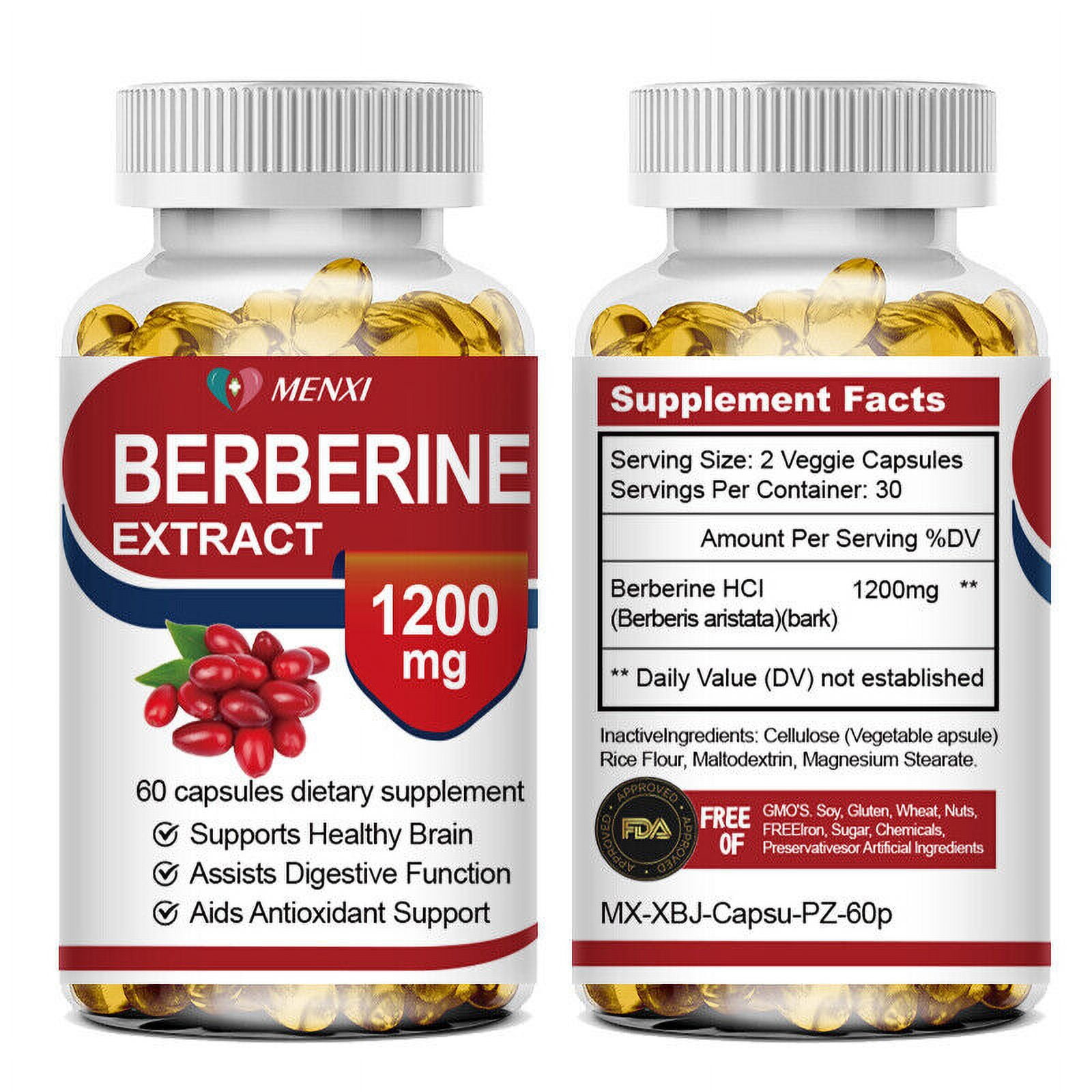 (3 Bottle)MENXI Berberine Extract Capsules,High Potency Berberine HCl Extract Supplement, Concentrated Berberine 1200mg Supplements, -Gluten Free & Non-GMO