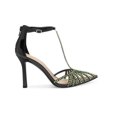 

INC Womens Black T-Strap Rhinestone Buckle Accent Sovena Pointed Toe Stiletto Zip-Up Pumps Shoes 9 M