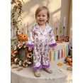 thumbnail image 4 of Cjfdfy Newborn Baby Girls Halloween Fall Clothes Halloween Satin Pajamas Ghost Print Collared Fuzzy Trim Long Sleeve Button Romper Cute Infant Baby Girl Halloween Jumpsuit, 4 of 9