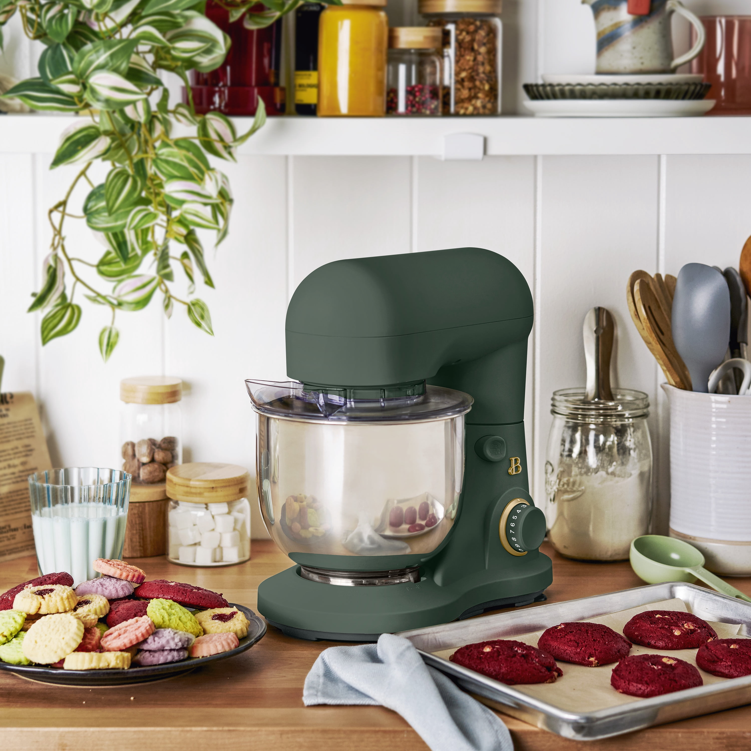 Beautiful 3.5 Qt Stand Mixer with Flat Beater, Dough Hook, Balloon Whisk, Thyme Green by Drew Barrymore