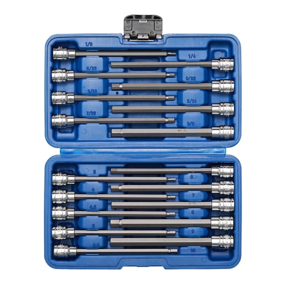 18-Piece 3/8 inch Drive Long Hex Bit Socket Set, 1/8 "- 3/8 ", 3mm - 10mm, SAE & Metric, Extra Long Allen Hex Bit Socket Set, CR-V and S2 Steel