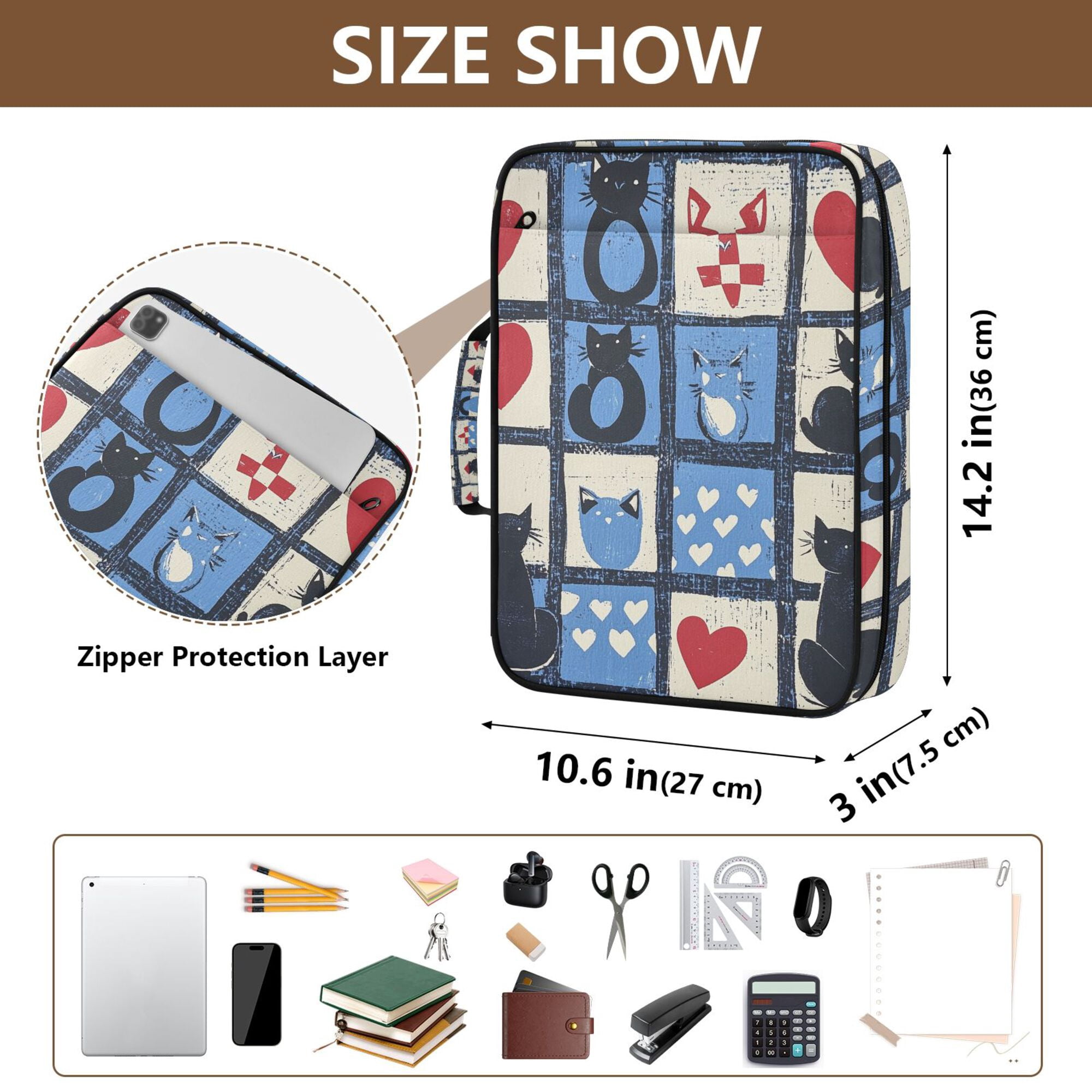 FORMRS Accordion File Folder A4 Size 7-Pocket Expanding Document Organizer Bag with 3 Ring Binder, Black Cats and Hearts