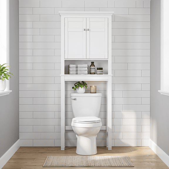 PAWON Over The Toilet Storage Cabinet with 2 Doors and Open Shelf, White
