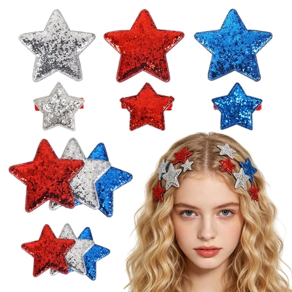 8Pcs 4th of July Hair Clips for Thick Hair and Thin Hair, Glitter Star Hair Clips Set,Patriotic Red White Blue Snap Hair Barrettes,Independence Labor Day American USA Decorations for Women