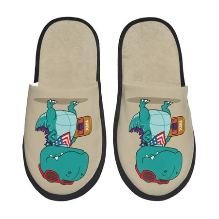 Balery Cool Dino Playing Skateboard Slient Indoor Furry Fleece Comfort House Shoes Soft Non-Slip Home Shoes Cotton slippers House Slippers-- Large