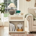 thumbnail image 3 of LELELINKY Rattan Nightstand with Charging Station, 23" Wide Boho Bedside Table with Drawer and Shelf for Bedroom, Living Room, Grey, 3 of 8