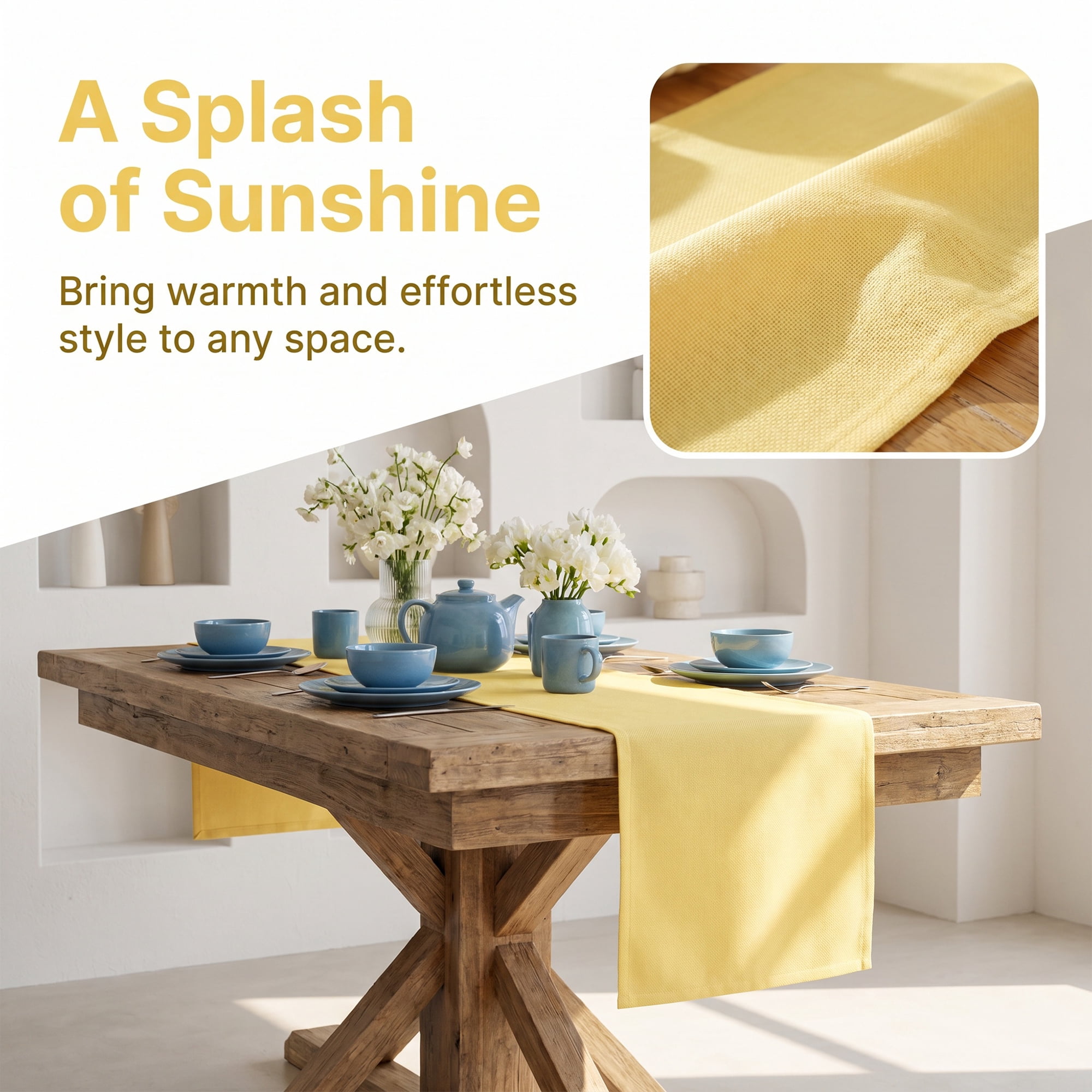Washable Polyester Kitchen Runner for Dining Table Decoration Yellow 13" x 60.2"