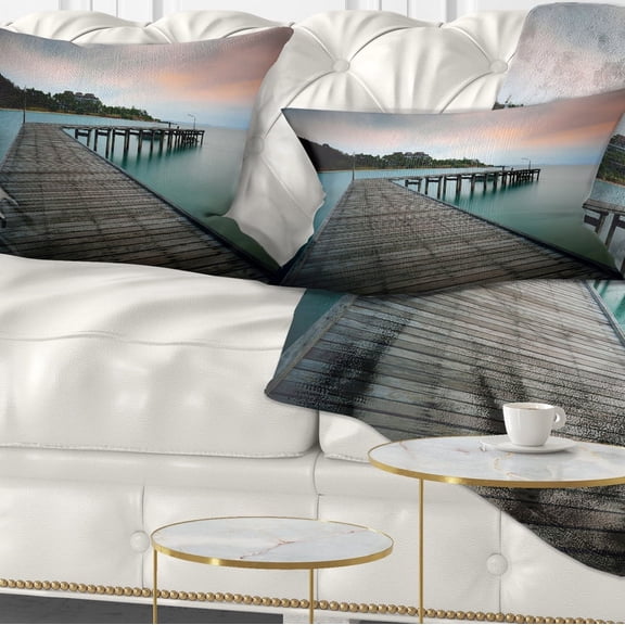 Designart Wooden Bridge into Blue Sea - Modern Throw Pillow - 12x20