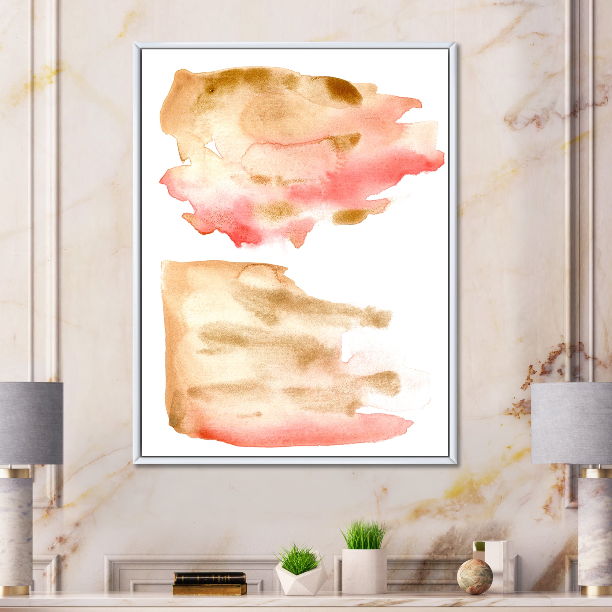 Designart 'Red Pink Gold and Beige Abstract Clouds' Modern Framed Canvas Wall Art Print
