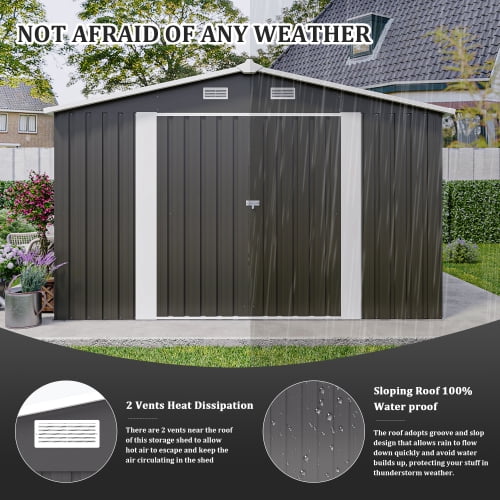 Villeston Outdoor Storage Shed 10×14 FT with 3 Lockable Doors,4 Vents,for Backyard Patio Lawn, Dark Grey