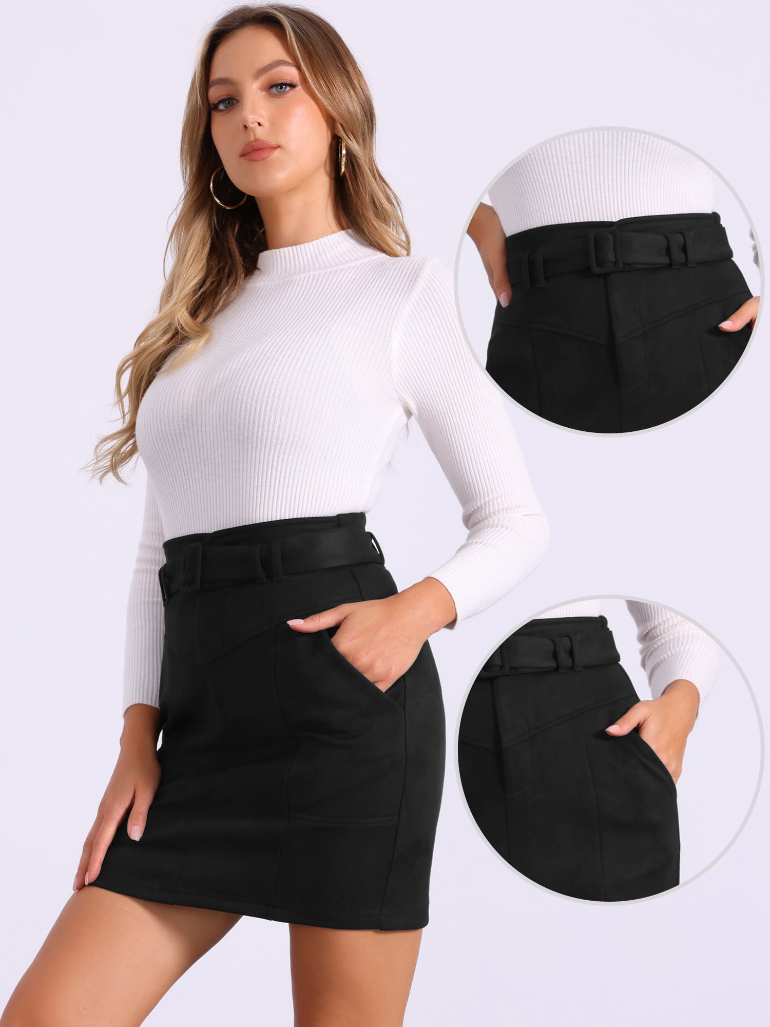 DARING DIVA Women's Faux Suede Skirt Belted Pencil Skirts L Black