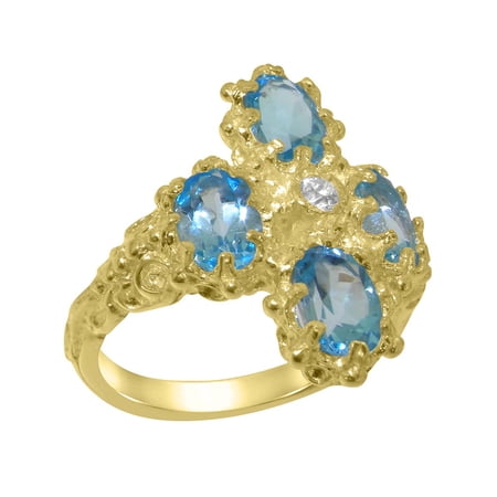 LBG British Made 18k Yellow Gold Cubic Zirconia & Blue Topaz Womens Anniversary Ring - 33 size options - Size 5.5