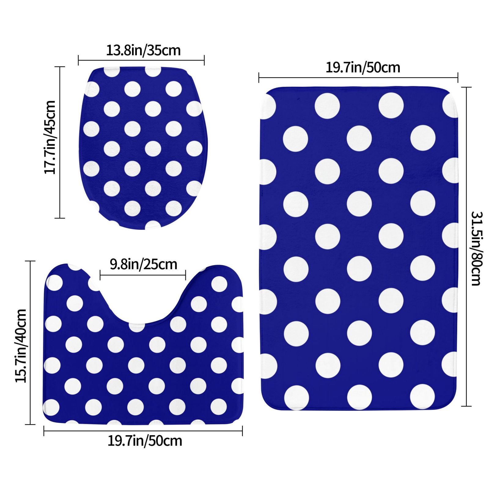 Bathroom Rugs Sets 3 Piece - Navy And White Polka Dot Absorbent Non Slip Bath Mats, U-Shape Toilet Lid Cover, Contour Mat, Soft Washable Shower Mats Bath Rug Mat for Bathroom Tub Toilet