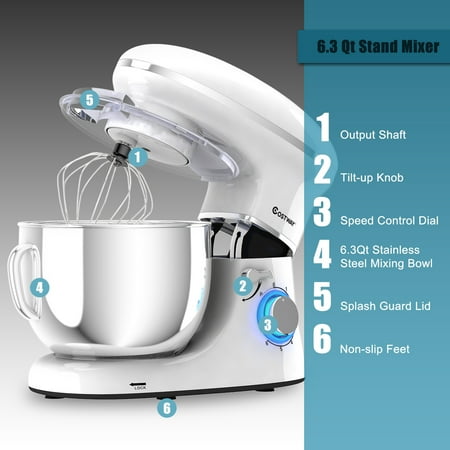 Costway - 6.3 Quart Tilt-Head Food Stand Mixer 6 Speed 660W - White