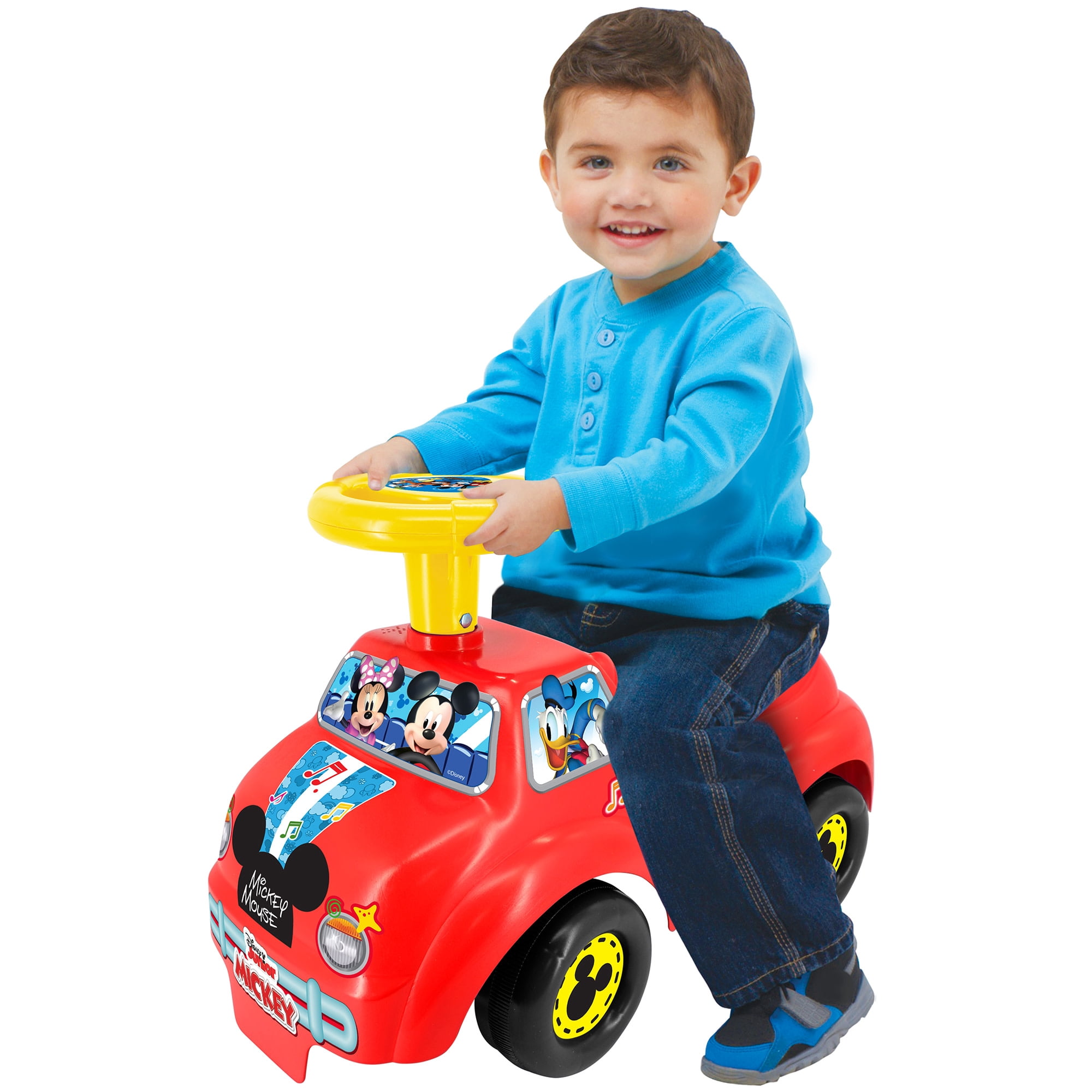 Kiddieland: My First Ride-On - Mickey Mouse - Red & Yellow, Disney Lights & Sounds Foot-To-Floor Vehicle, Spin Roller & Steer Wheel, Toddlers 12-36mo